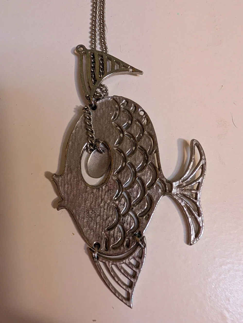 Vintage Silver Tone Articulated Fish Pendant Necklace Statement Piece